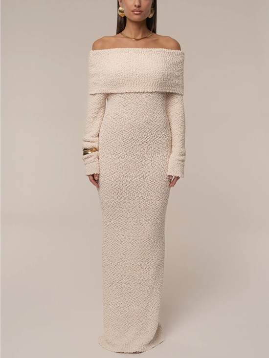 JLUXLABEL Dresses & Skirts - JLUXLABEL Off-Shoulder Cream Maxi Knit Dress
